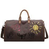 Coffee-brown Large Capacity Graffiti Travel Duffel Bag - Canvas Weekender with Wet/Dry Pocket & Shoe Compartment