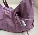 Purple Lightweight Crescent Crossbody Bag - Slouchy Nylon Hobo Purse for Casual Everyday Use - Side View