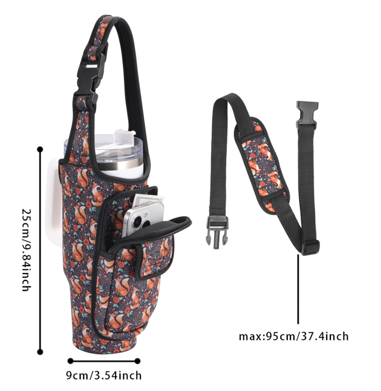Black-yellow Sunflower White Insulated Tumbler Carrier Pouch with Adjustable Strap & Pocket