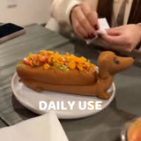 Dark Brown Creative Dachshund Hot Dog Tray - Cute Dog-Shaped Sandwich Holder with 3D Decor - Top-Down View
