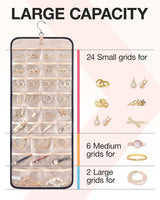 Black Hanging Jewelry Organizer - Closet Storage for Necklaces, Earrings, and Rings with Clear Pockets(14*33inch)