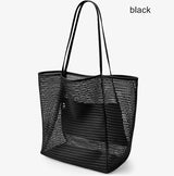 Black Large Mesh Beach Tote Bag - Lightweight & Foldable Shoulder Bag with Secure Zipper Pocket