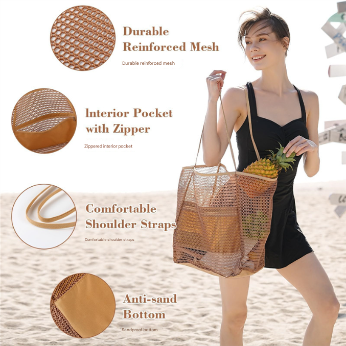 Black Large Mesh Beach Tote Bag - Lightweight & Foldable Shoulder Bag with Secure Zipper Pocket