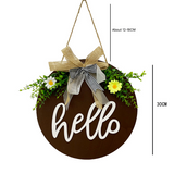 Brown Rustic 'Hello' Welcome Sign - Farmhouse Round Wooden Wreath for Front Door Decor - Top-Down View