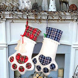 Red Large Plaid Dog Paw Christmas Stocking - Festive Fireplace Decor for Pet Lovers - Top-Down View
