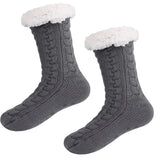 Grey  Women's Fuzzy Slipper Socks - Warm Fleece Lined Thermal Cable Knit Socks with Non-Slip Grips