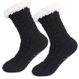 Black  Women's Fuzzy Slipper Socks - Warm Fleece Lined Thermal Cable Knit Socks with Non-Slip Grips