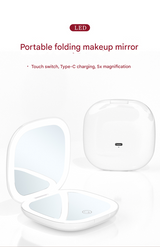 2-piece Black Portable LED Makeup Mirror - Rechargeable Compact with 3-Color Lights & 5x Magnification - Front View