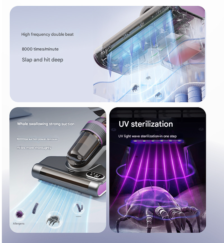 Purple Advanced Cordless UV-C Dust Mite Vacuum - Handheld Cleaner with Hot Air, Pulsating Pads & LED Display, LED Lights