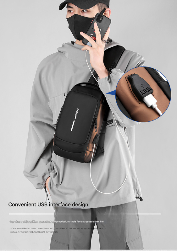 Black Gold Modern Anti-Theft Sling Bag for Men - Crossbody Backpack with USB Port & Combination Lock