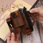 2-piece Brown Outdoor EDC Tactical Tool Waist Bag - Multi-Functional Belt Storage Pouch with Flashlight, Copper Sleeve, and Survival Knife Holder