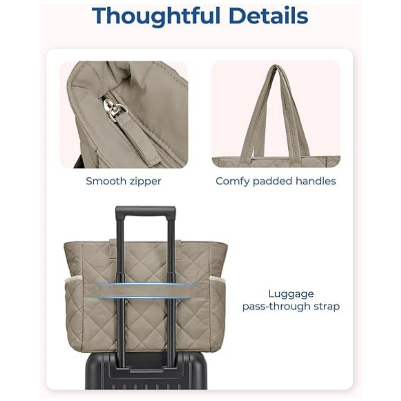 Beige Women's Multi-Pocket Tote Bag - Large Quilted Travel Handbag for Work, Gym, and More