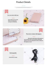 2-Piece White Portable LED Makeup Mirror with Brush - Foldable, Rotatable, and Rechargeable Travel Vanity Mirror - Top-Down View