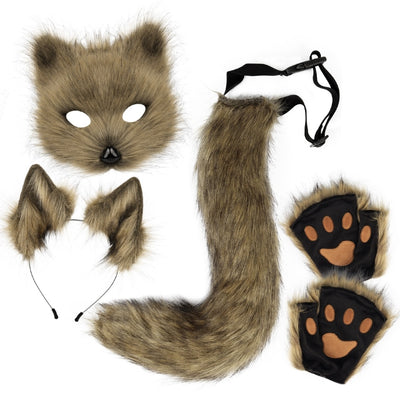 Grass yellow Halloween Furry Fox Costume Set - Plush Mask, Ears Headband, Tail, and Paws for Cosplay