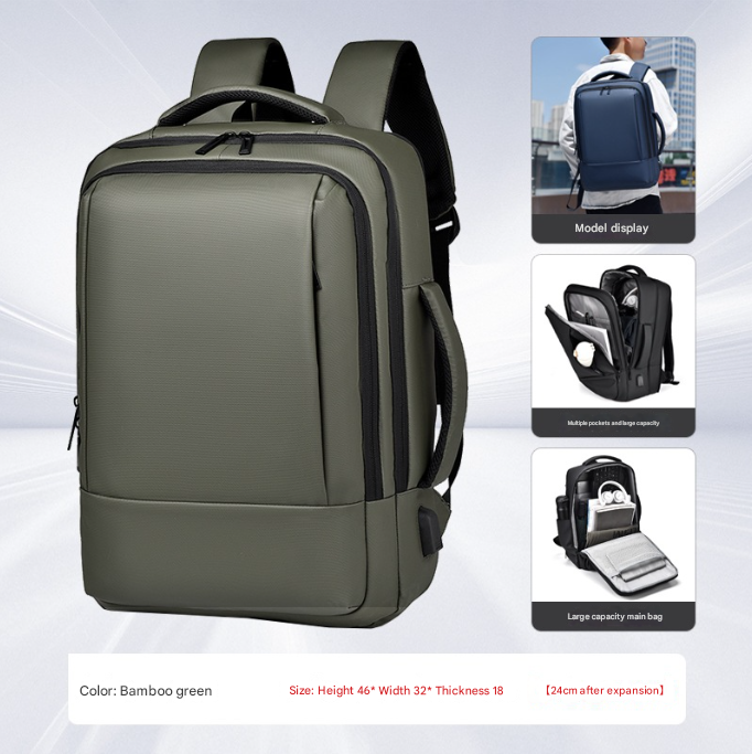 Green Expandable Business Laptop Backpack with USB Charging Port - Large Capacity Work & Travel Bag for 15.6 Inch Laptops