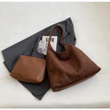 Wine red Chic Faux Suede Tote Bag with Matching Pouch | Large Capacity Slouchy Shoulder Bag - Side View