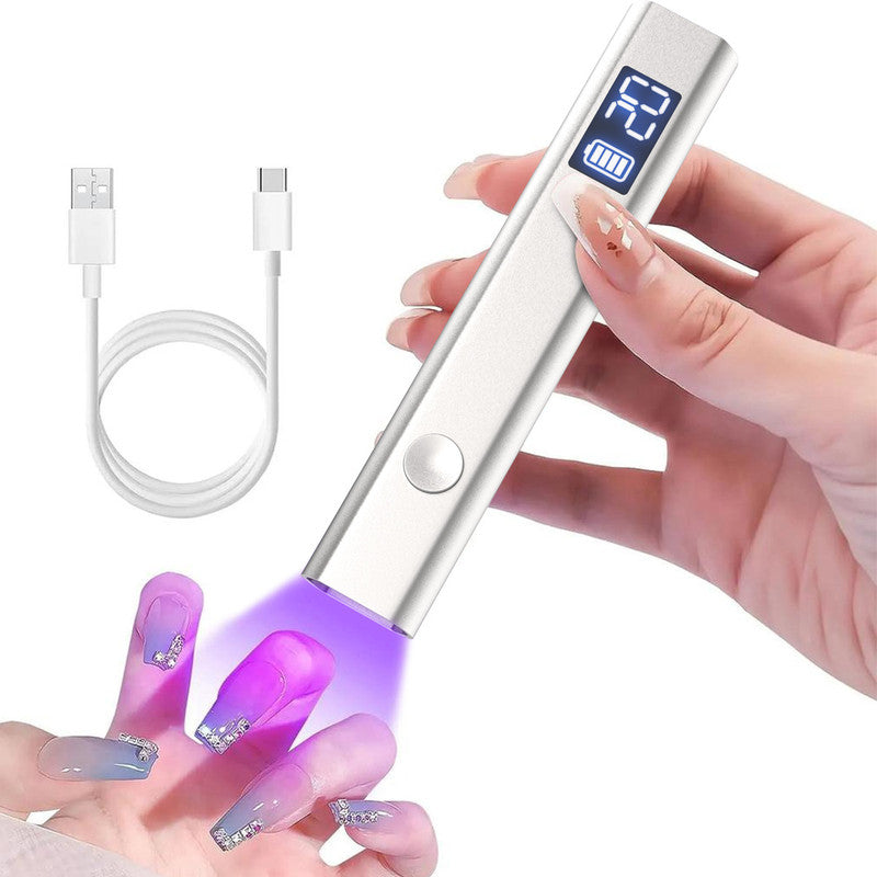 Silver Handheld UV LED Nail Curing Pen - Portable USB-C Rechargeable Light for Fast-Drying Gel Polish & Nail Art