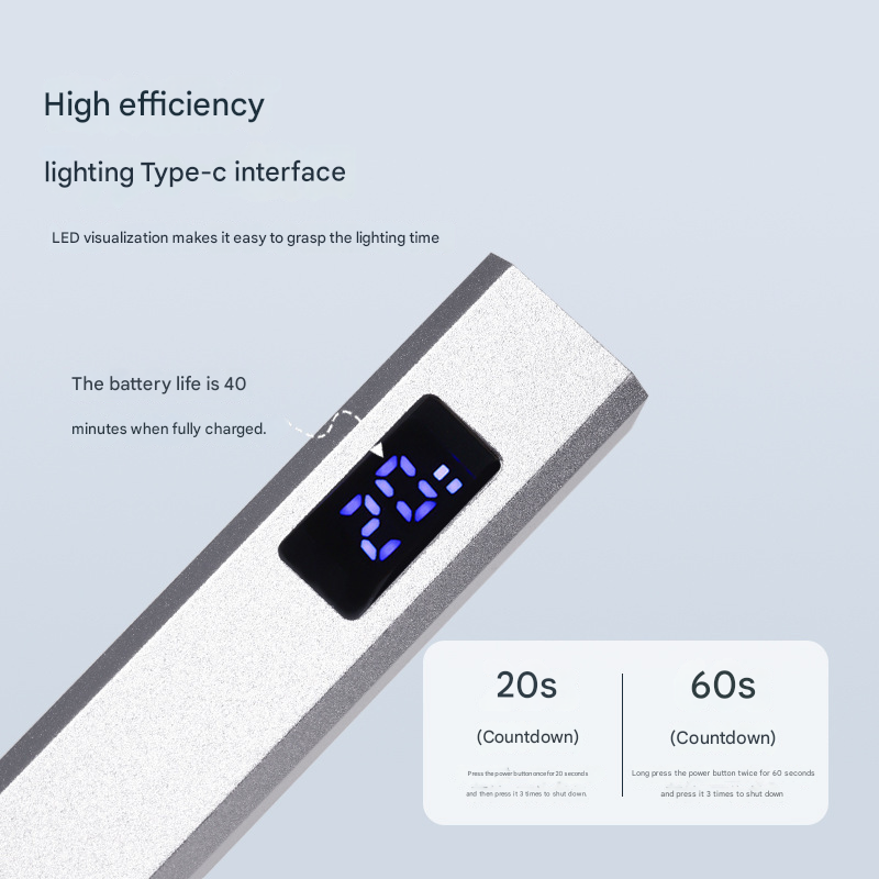 Silver Handheld UV LED Nail Curing Pen - Portable USB-C Rechargeable Light for Fast-Drying Gel Polish & Nail Art