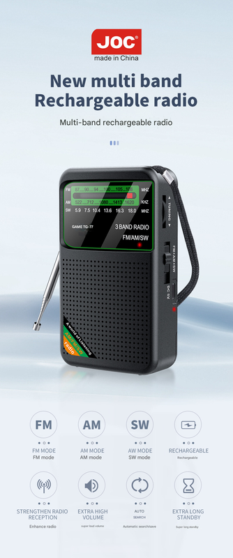 Black JOC TG-77 Multi-Band Rechargeable Radio for Seniors - Automatic Channel Search, FM/AM/SW Bands