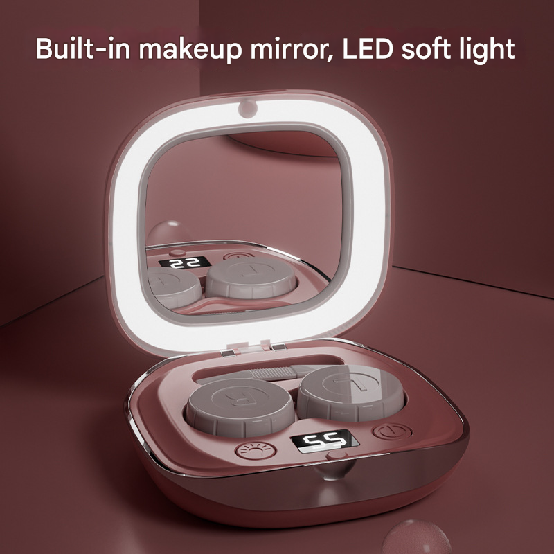 Pink Portable Ultrasonic Contact Lens Cleaner - Automatic Electric Cleaning Case with LED Makeup Mirror, USB Rechargeable for Travel & Home
