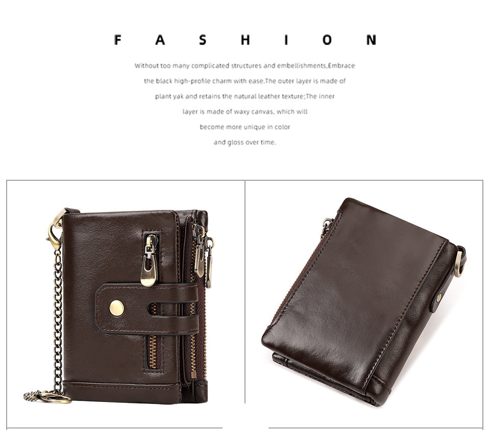 Green Genuine Leather Men's RFID Blocking Wallet - High Capacity Trifold with Zipper Coin Pocket