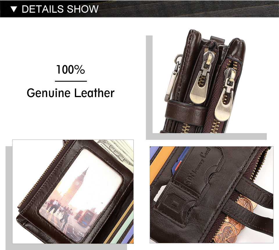 Black Genuine Leather Men's RFID Blocking Wallet - High Capacity Trifold with Zipper Coin Pocket