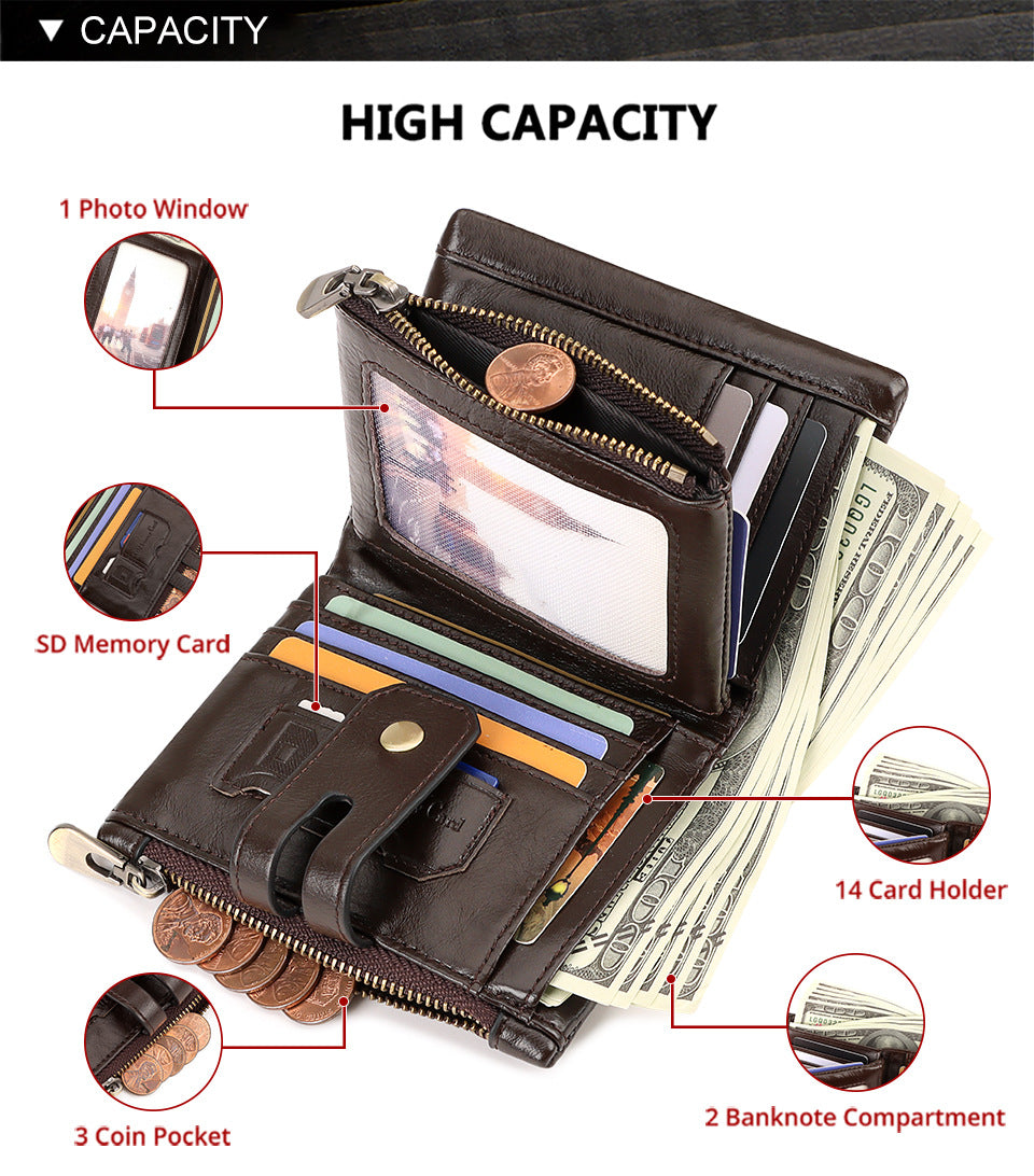 Brown Genuine Leather Men's RFID Blocking Wallet - High Capacity Trifold with Zipper Coin Pocket