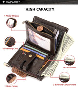 Brown Genuine Leather Men's RFID Blocking Wallet - High Capacity Trifold with Zipper Coin Pocket