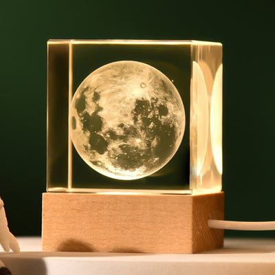 The Moon Luminous 3D Crystal Cube Night Light - Laser Engraved Artwork with Solid Wood Base
