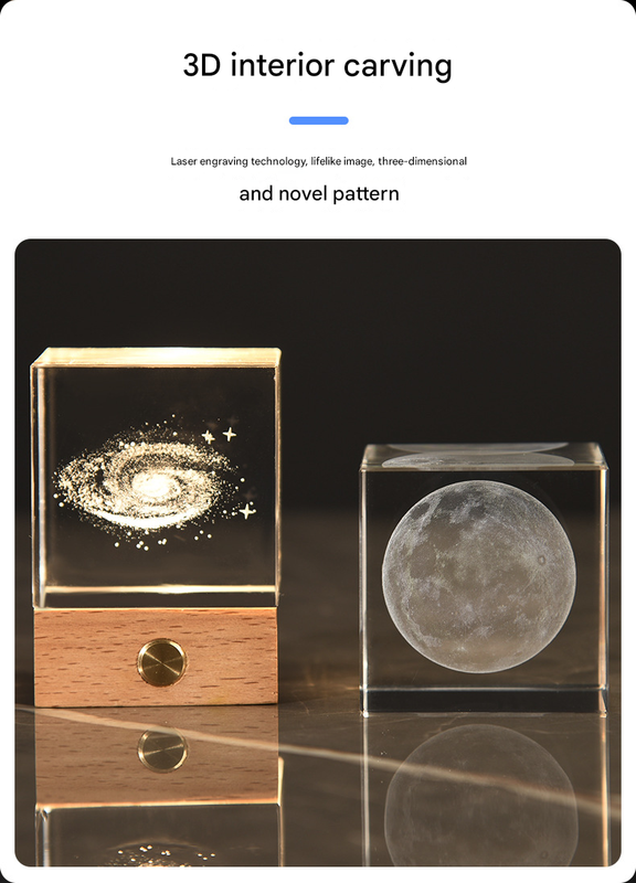 The Moon Luminous 3D Crystal Cube Night Light - Laser Engraved Artwork with Solid Wood Base