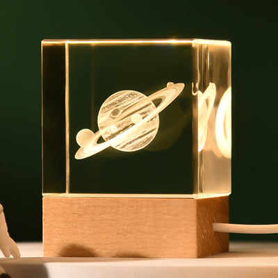 Saturn Luminous 3D Crystal Cube Night Light - Laser Engraved Artwork with Solid Wood Base