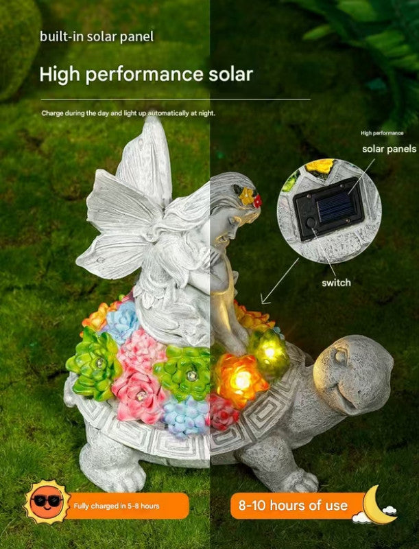 Turtle and Butterfly Charming Solar-Powered Animal Garden Statue - Waterproof Resin Figurine with Glowing LED Accents