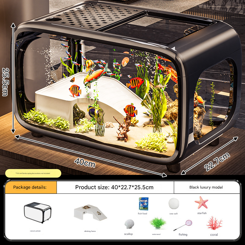 Black Modern Desktop Aquarium & Turtle Tank - Panoramic Viewing Fish Tank with Basking Platform & Lid