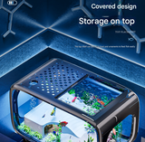 Black  Modern Desktop Aquarium & Turtle Tank - Panoramic Viewing Fish Tank with Basking Platform & Lid - Front View