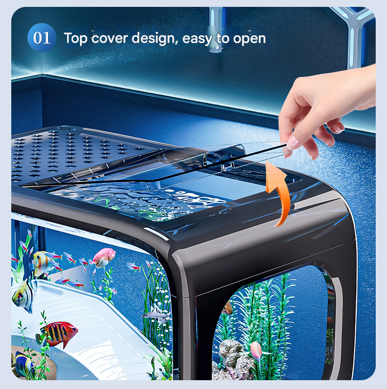 Black  Modern Desktop Aquarium & Turtle Tank - Panoramic Viewing Fish Tank with Basking Platform & Lid