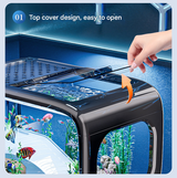 Black  Modern Desktop Aquarium & Turtle Tank - Panoramic Viewing Fish Tank with Basking Platform & Lid - Side View