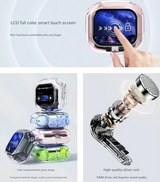 Black Smart TWS Earbuds with Full-Color LCD Touchscreen Case - Bluetooth 5.4, HiFi Stereo & ENC Noise Cancelling - Top-Down View