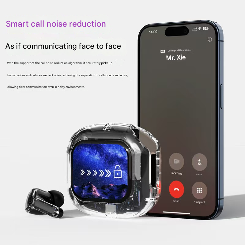 Blue Smart TWS Earbuds with Full-Color LCD Touchscreen Case - Bluetooth 5.4, HiFi Stereo & ENC Noise Cancelling