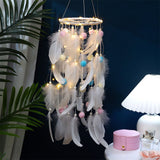 Pink Boho Pom Pom Feather Dreamcatcher - Whimsical Hanging Mobile for Girls Bedroom & Nursery Decor - Front View