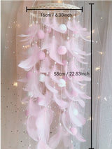 Pink Boho Pom Pom Feather Dreamcatcher - Whimsical Hanging Mobile for Girls Bedroom & Nursery Decor - Top-Down View