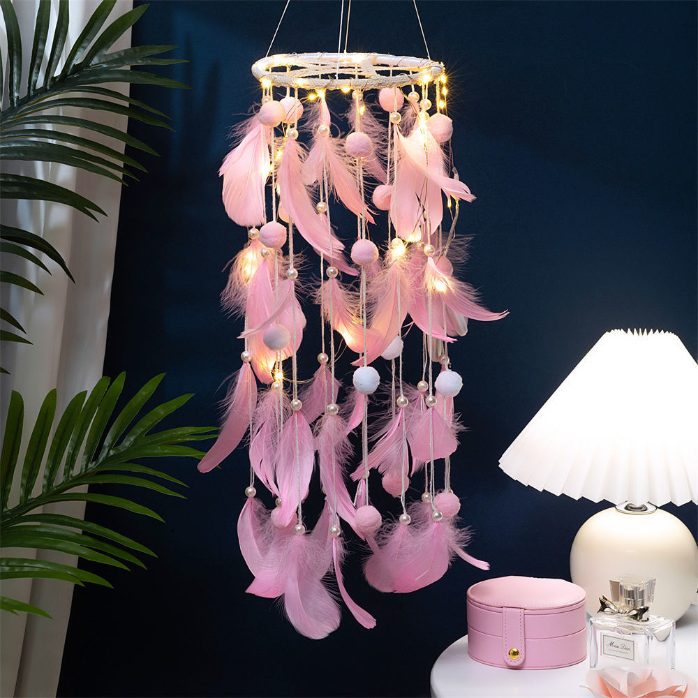 White Boho Pom Pom Feather Dreamcatcher - Whimsical Hanging Mobile for Girls Bedroom & Nursery Decor