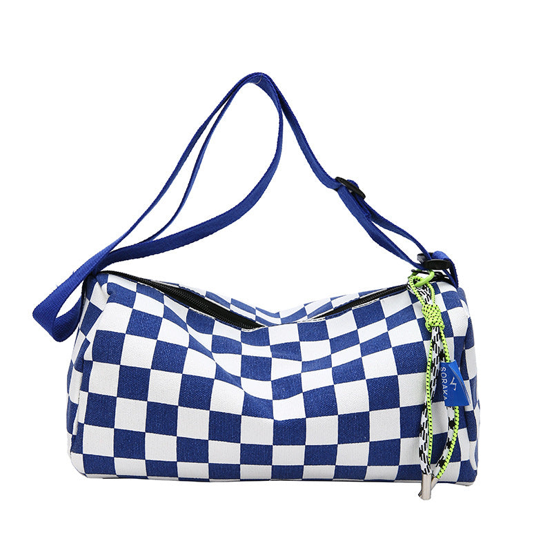 Blue Trendy Checkerboard Boston Bag - Casual Crossbody Shoulder Purse with Wide Strap