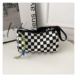 Blue Trendy Checkerboard Boston Bag - Casual Crossbody Shoulder Purse with Wide Strap - Front View