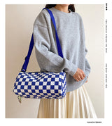 Blue Trendy Checkerboard Boston Bag - Casual Crossbody Shoulder Purse with Wide Strap - Side View