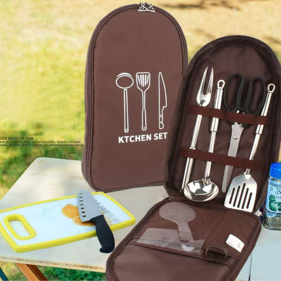 Black Portable Camping Kitchen Utensil Organizer - Travel Cookware Storage Bag for BBQ & Picnics
