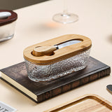 Natural wood color - hammer grain Elegant Glass Butter Dish with Wooden Lid & Matching Spreader - Sealed Butter Keeper for Freshness - Front View