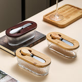 Natural wood color - hammer grain Elegant Glass Butter Dish with Wooden Lid & Matching Spreader - Sealed Butter Keeper for Freshness - Side View