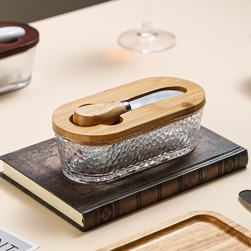 Brown - stripes Elegant Glass Butter Dish with Wooden Lid & Matching Spreader - Sealed Butter Keeper for Freshness