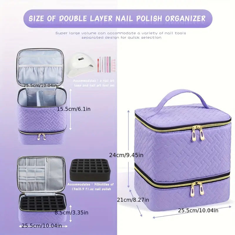Black Professional Nail Polish Organizer Case for 30 Bottles & UV Lamp - Double-Layer Travel Storage Bag