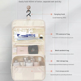 Beige Portable Hanging Travel Toiletry Bag - Large Capacity Cosmetic & Wash Organizer with Sturdy Hook - Side View